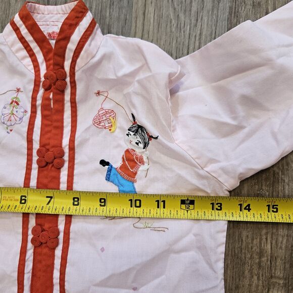 Vtg 60s Plum Blossoms Chinese Shirt Top Kids Girls 6 Asian Pink Red Embroidered - Picture 10 of 12